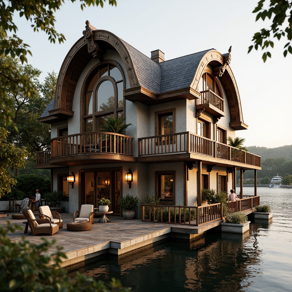 Prompt: Whimsical boathouse, ornate Victorian details, intricately carved wooden trim, distressed finishes, vintage nautical elements, rusty metal accents, lantern-style lighting, weathered shingles, curved rooflines, grandiose windows, ornamental balconies, majestic entrance doors, lush waterfront vegetation, serene lake views, warm golden lighting, shallow depth of field, 1/1 composition, realistic textures, ambient occlusion.