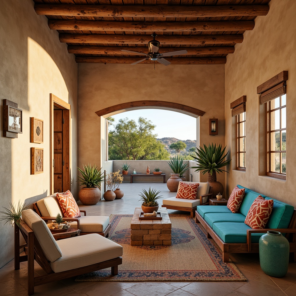 Prompt: Southwestern interior, earthy tones, adobe architecture, sandy beige walls, rustic wooden furniture, turquoise accents, woven textiles, natural fibers, jute rugs, patterned throw pillows, vibrant colors, geometric shapes, Native American-inspired patterns, distressed wood finishes, wrought iron fixtures, clay pottery, terracotta vases, succulent plants, warm ambient lighting, cozy reading nooks, comfortable seating areas, desert landscape views, panoramic windows, soft warm glow, shallow depth of field, 3/4 composition.