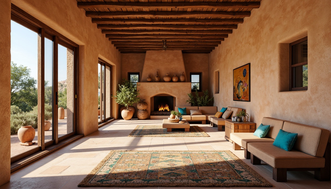 Prompt: Southwestern-style adobe interior, warm earthy tones, rustic wooden beams, woven textile patterns, natural fiber rugs, vibrant turquoise accents, clay pottery decorations, large windows, sliding glass doors, abundant sunlight, soft gentle illumination, 1/2 composition, shallow depth of field, realistic textures, ambient occlusion.