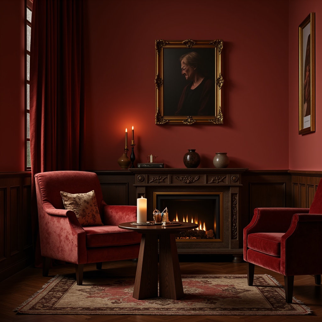 Prompt: Warm maroon walls, rich velvet fabrics, luxurious wooden furniture, ornate golden frames, cozy candlelight, intimate ambiance, dark chocolate brown accents, creamy beige highlights, subtle burgundy undertones, soft warm glow, shallow depth of field, 1/2 composition, realistic textures, ambient occlusion.