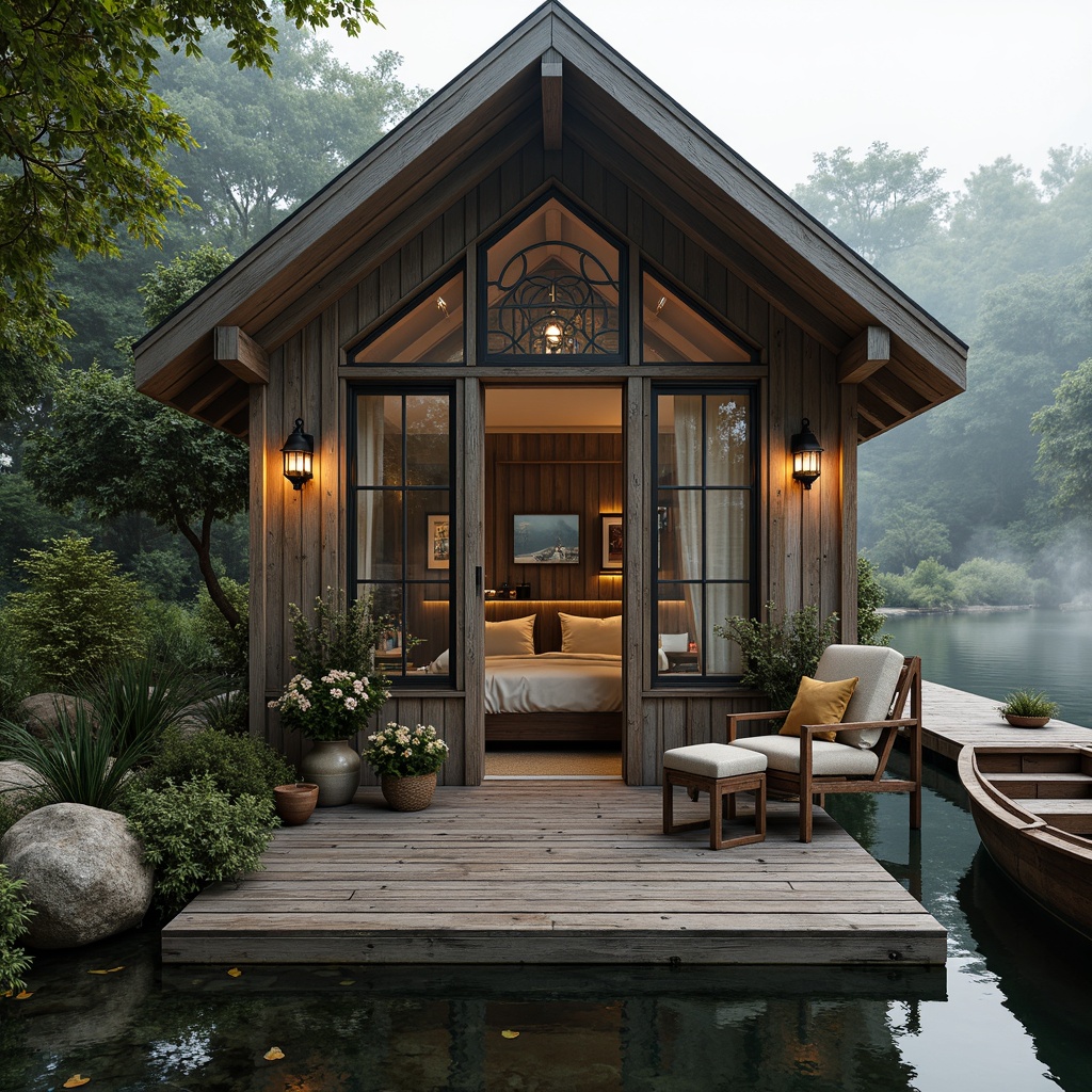 Prompt: Rustic boathouse, weathered wooden planks, vintage nautical ropes, distressed finishes, soft warm lighting, misty lake atmosphere, lush greenery, vibrant florals, earthy tones, moss-covered stones, wooden dock, water reflections, serene lake views, ornate Victorian details, intricate wood carvings, rich jewel-toned accents, luxurious velvety fabrics, soft creamy whites, warm beige hues, 3/4 composition, shallow depth of field, realistic textures, ambient occlusion.