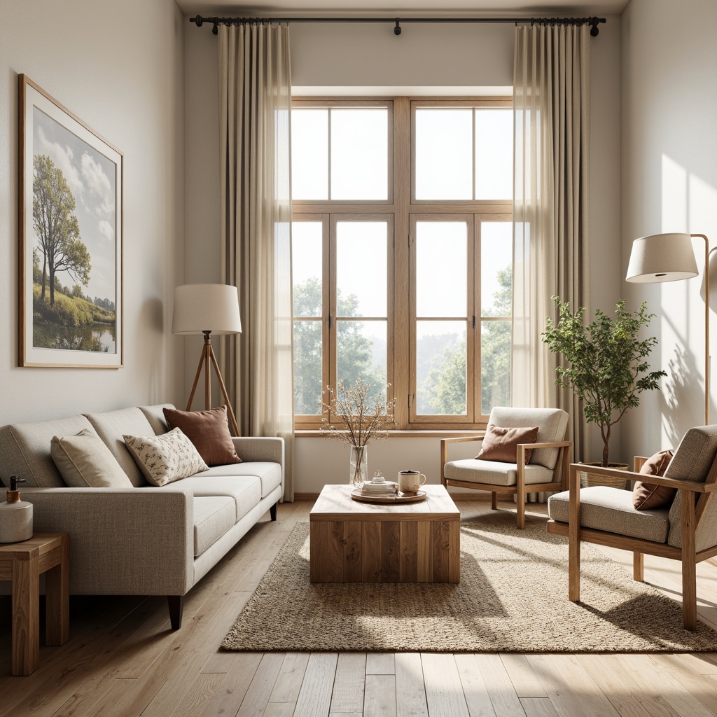 Prompt: Cozy living room, minimalist decor, functional sofa, ergonomic chairs, wooden coffee table, industrial metal legs, woven textile upholstery, natural oak wood accents, soft cream-colored walls, large windows, abundant natural light, Nordic-inspired patterns, geometric shapes, earthy color palette, 1/1 composition, shallow depth of field, softbox lighting, realistic textures.