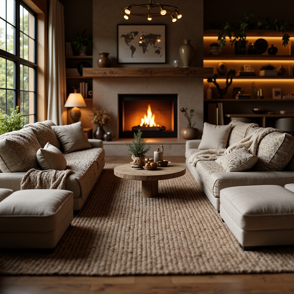 Prompt: Cozy living room, plush throw blankets, soft cushions, warm earthy tones, natural woven fabrics, chunky knit textiles, rustic wooden furniture, crackling fireplace, ambient warm lighting, shallow depth of field, 1/1 composition, realistic textures, intimate atmosphere, comfortable seating areas, richly patterned rugs, velvety smooth upholstery, inviting color palette.