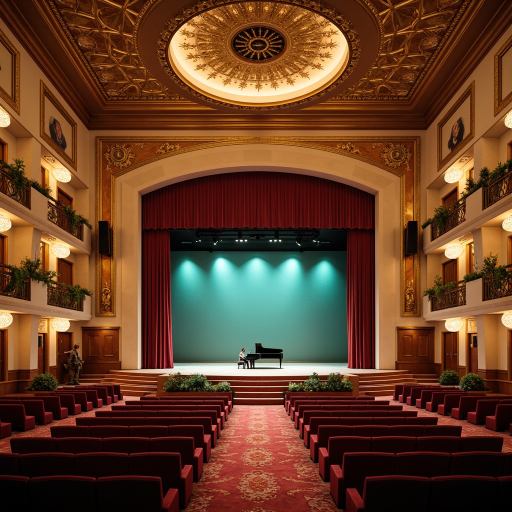 Prompt: Luxurious auditorium interior, rich velvet curtains, warm golden lighting, majestic stage presence, grand piano performances, refined wooden accents, plush crimson seats, ornate metallic details, sophisticated sound systems, dramatic spotlights, elegant architectural lines, opulent chandeliers, lavish drapery, vibrant turquoise highlights, soft cream walls, dynamic 3/4 composition, cinematic lens blur, realistic material textures, ambient lighting effects.