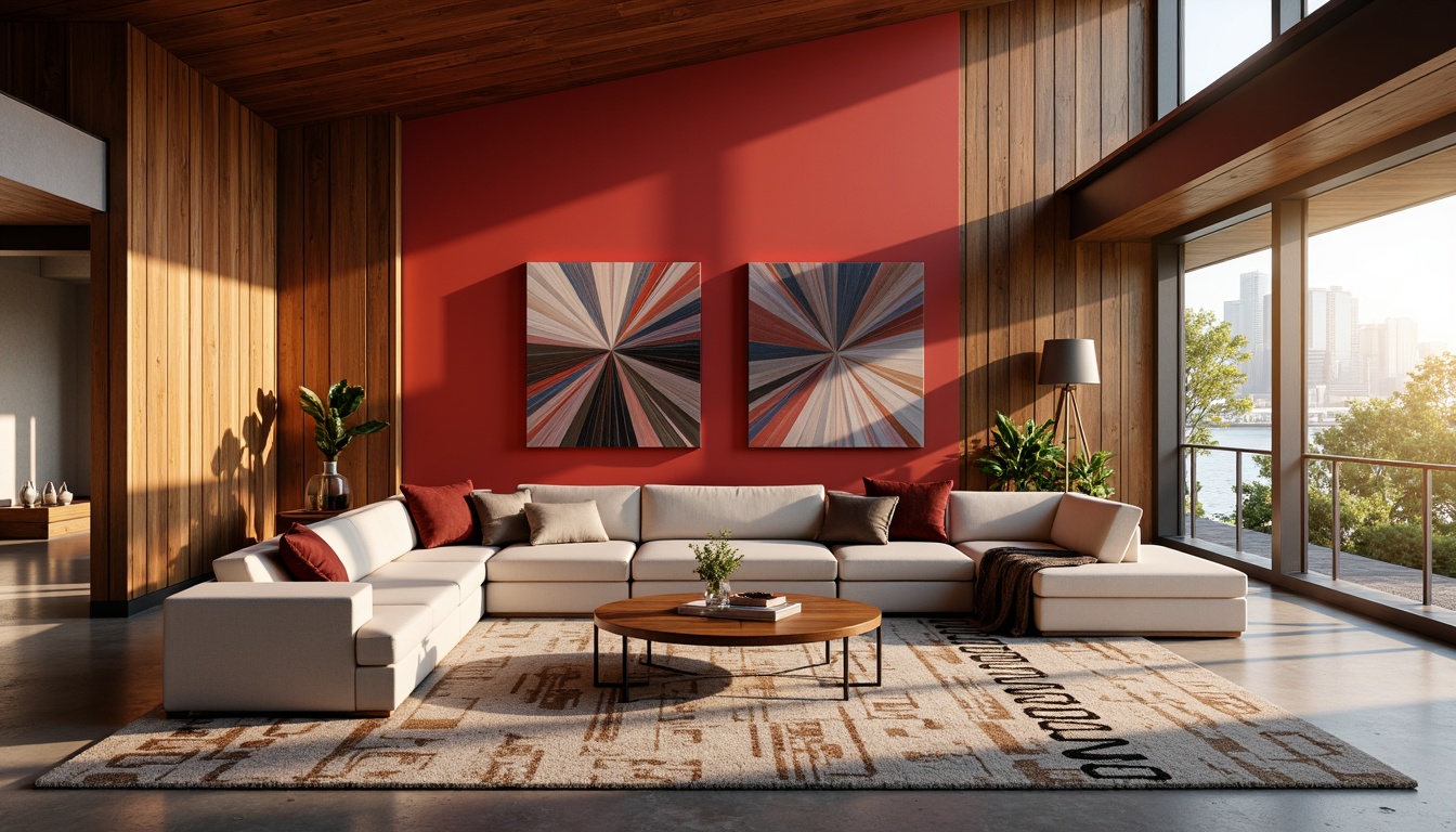 Prompt: Vibrant red accent walls, rich wood tones, creamy whites, deep charcoal grays, warm golden lighting, luxurious velvet fabrics, sleek metal accents, geometric patterned rugs, modern minimalist furniture, airy open spaces, natural stone floors, bold colorful artwork, statement decorative pieces, cozy intimate atmosphere, dramatic ceiling heights, soft warm textures, realistic material renderings, atmospheric ambient occlusion.