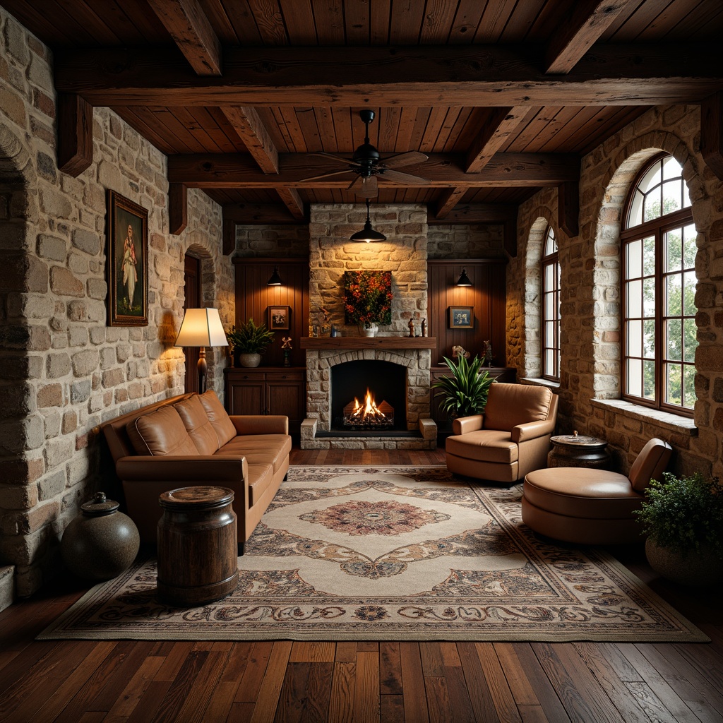 Prompt: Rustic wooden planks, weathered stone walls, ornate metal fixtures, rich velvet fabrics, intricate ceramic tiles, distressed leather upholstery, natural fiber rugs, earthy color palette, warm ambient lighting, shallow depth of field, 1/2 composition, dramatic shadows, realistic textures, ambient occlusion.