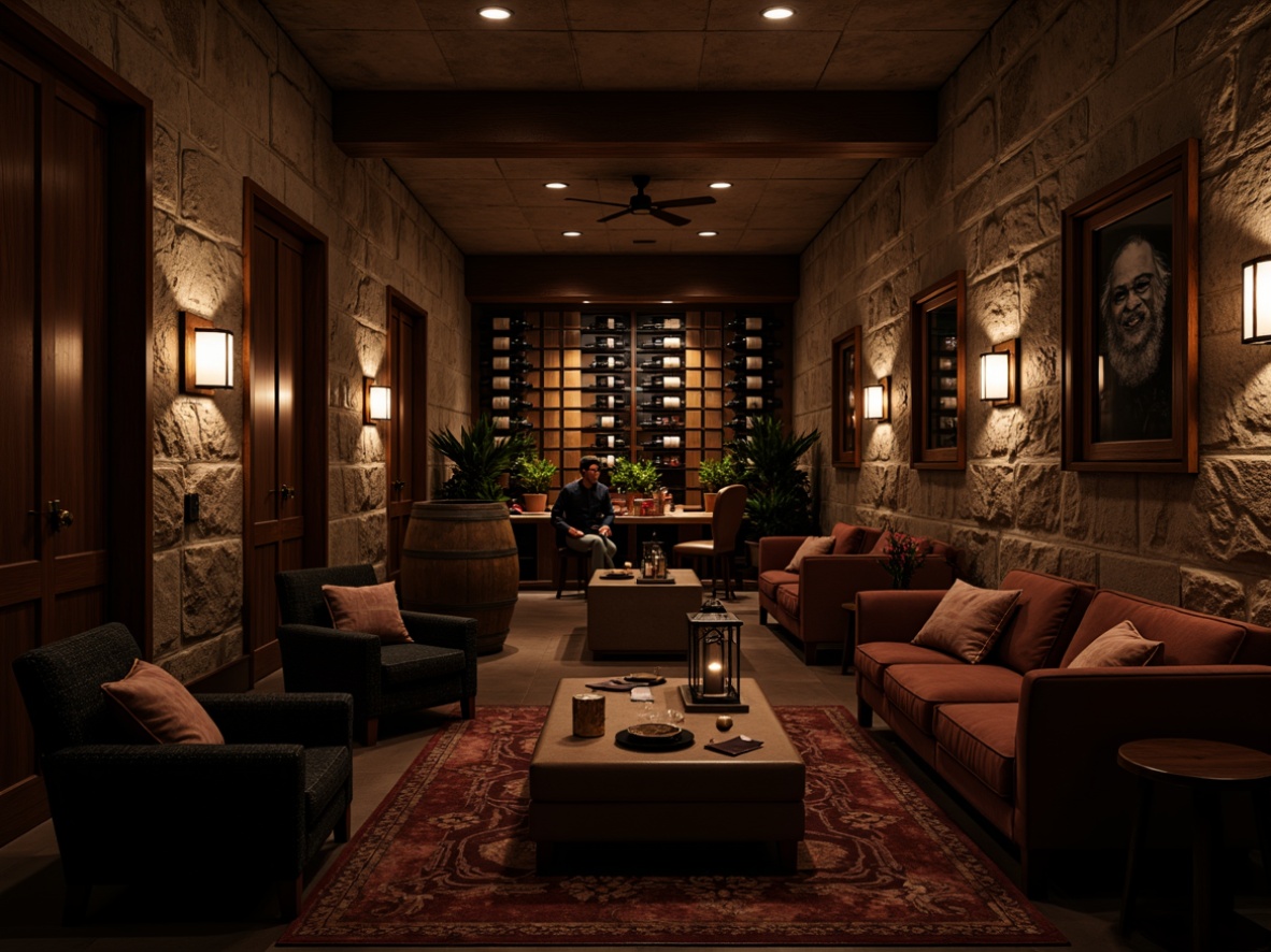 Prompt: Dimly lit wine cellar, rustic stone walls, wooden barrels, elegant wine racks, soft warm glow, subtle shadows, atmospheric lighting, rich wood tones, earthy aromas, intimate seating areas, plush velvet couches, ornate metal lanterns, classic wooden tables, vintage wine bottles, subtle color palette, moody ambiance, low-key illumination, dramatic focal points, cozy nooks, sophisticated decor, refined textures.