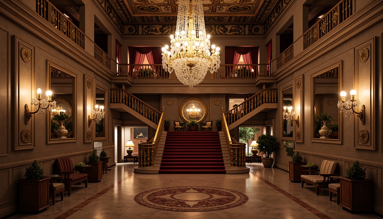 Prompt: Ornate chandeliers, crystal droplets, golden accents, intricate metalwork, grand staircases, velvet drapes, luxurious fabrics, rich wood paneling, ornamental mirrors, frescoed ceilings, majestic columns, dramatic archways, opulent furnishings, lavish decorations, warm ambient lighting, soft warm glow, subtle color temperature, 1/1 composition, shallow depth of field, realistic textures, ambient occlusion.