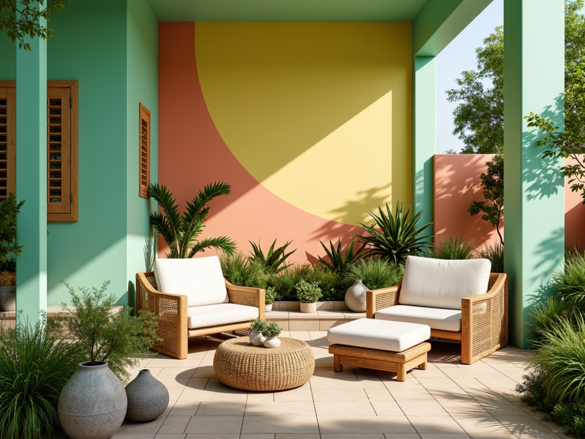 Prompt: Vibrant lime green accents, pastel yellow undertones, soft peach backgrounds, rich turquoise contrasts, creamy white highlights, natural wood textures, woven wicker furniture, lush greenery surroundings, warm sunny day, gentle breeze, shallow depth of field, 3/4 composition, realistic rendering, ambient occlusion.