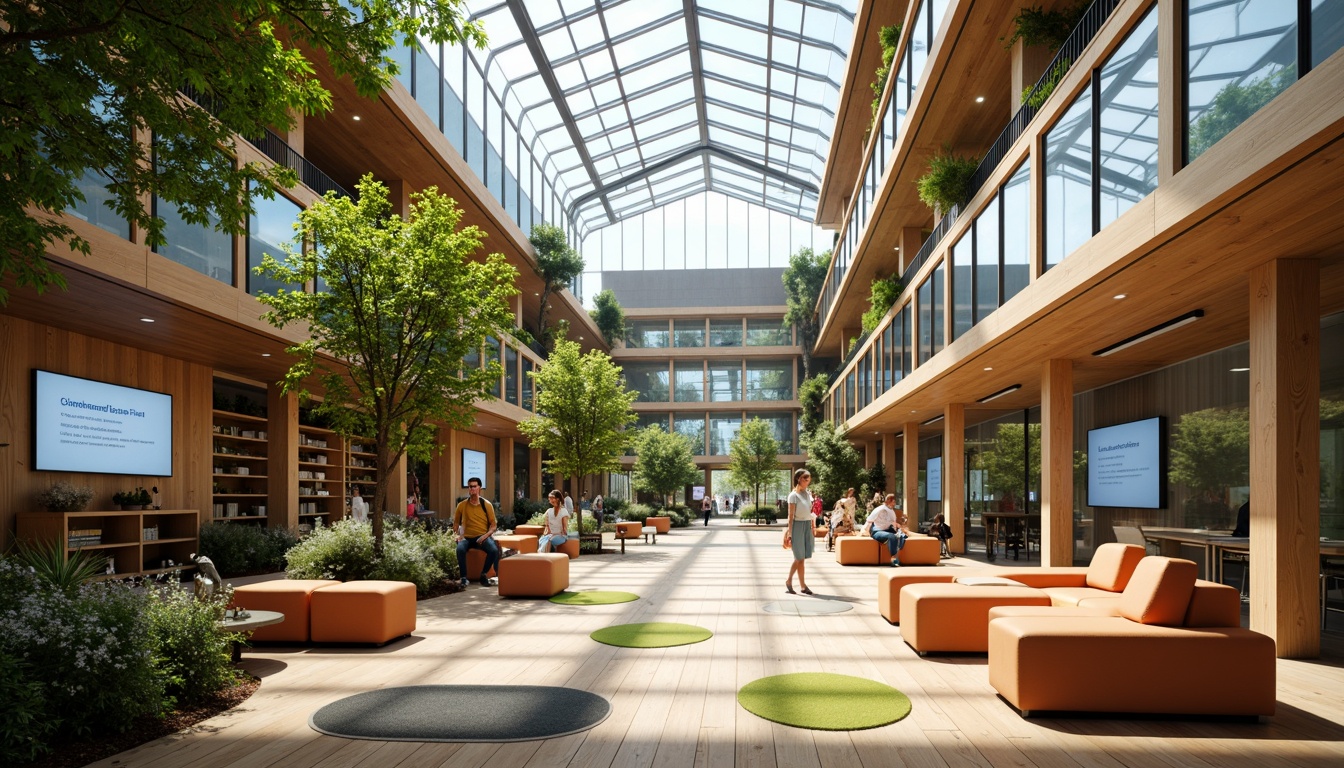 Prompt: Spacious atrium, natural light pouring in, wooden flooring, minimalist furniture, collaborative workspaces, comfortable seating areas, green walls, living plants, modern architectural design, high ceilings, glass roofs, open shelves, educational displays, interactive whiteboards, digital screens, vibrant color schemes, soft warm lighting, shallow depth of field, 3/4 composition, panoramic view, realistic textures, ambient occlusion.