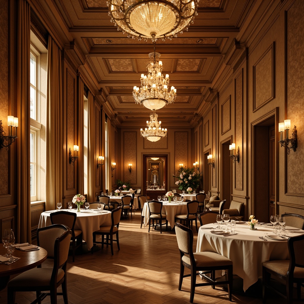 Prompt: Elegant dining hall, ornate chandeliers, warm golden lighting, soft candlelight, luxurious velvet drapes, rich wood paneling, intricate moldings, crystal sconces, subtle wall washes, dramatic ceiling fixtures, rustic wooden beams, traditional furniture pieces, lavish floor-to-ceiling curtains, sophisticated table settings, refined silverware, classic floral arrangements, warm beige tones, inviting atmosphere, soft focus, shallow depth of field, 2/3 composition, realistic textures.