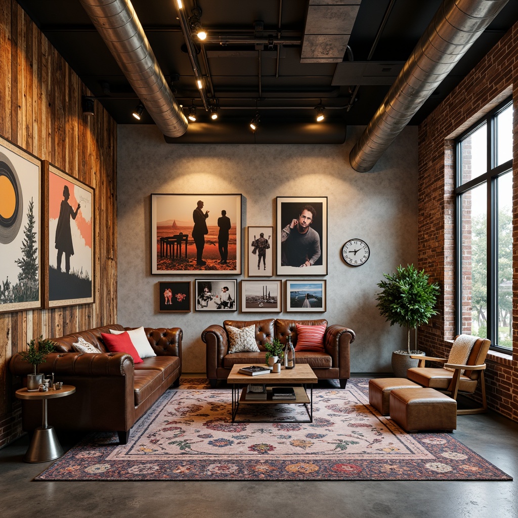 Prompt: Reclaimed wood accent walls, vintage industrial lighting, distressed metal panels, eclectic artwork displays, bold color schemes, abstract patterned rugs, polished concrete floors, exposed ductwork ceilings, Edison bulb fixtures, urban loft-inspired decor, rough-textured brick veneers, metallic epoxy paint finishes, graffiti-inspired murals, oversized mechanical clocks, industrial-chic shelving units, distressed leather furniture accents.