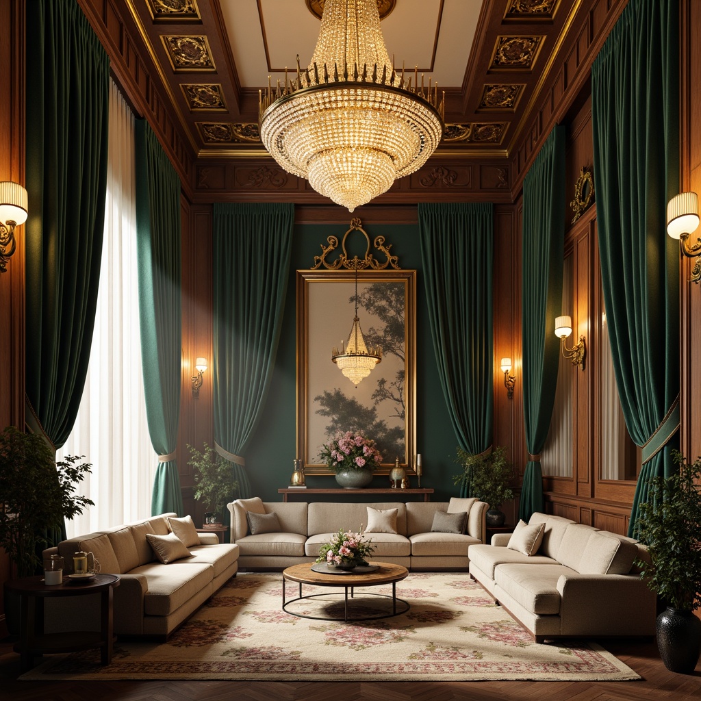 Prompt: Luxurious velvet drapes, rich wood accents, opulent crystal chandeliers, warm golden lighting, plush furnishings, intricate patterns, lavish textiles, majestic high ceilings, sophisticated neutral tones, creamy whites, deep blues, emerald greens, warm beiges, soft pinks, dramatic shadows, cinematic ambiance, 1/1 composition, low-key lighting, atmospheric mist.