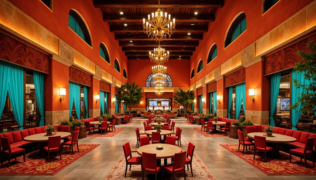 Prompt: Vibrant southwestern casino, warm terracotta walls, rich turquoise accents, golden lighting fixtures, luxurious velvet fabrics, intricate Native American patterns, rustic wooden textures, bold red and orange hues, metallic copper details, majestic stone columns, grand chandeliers, lavish furnishings, opulent drapery, dramatic high ceilings, expansive open spaces, lively atmosphere, 1/1 composition, shallow depth of field, warm golden hour lighting.