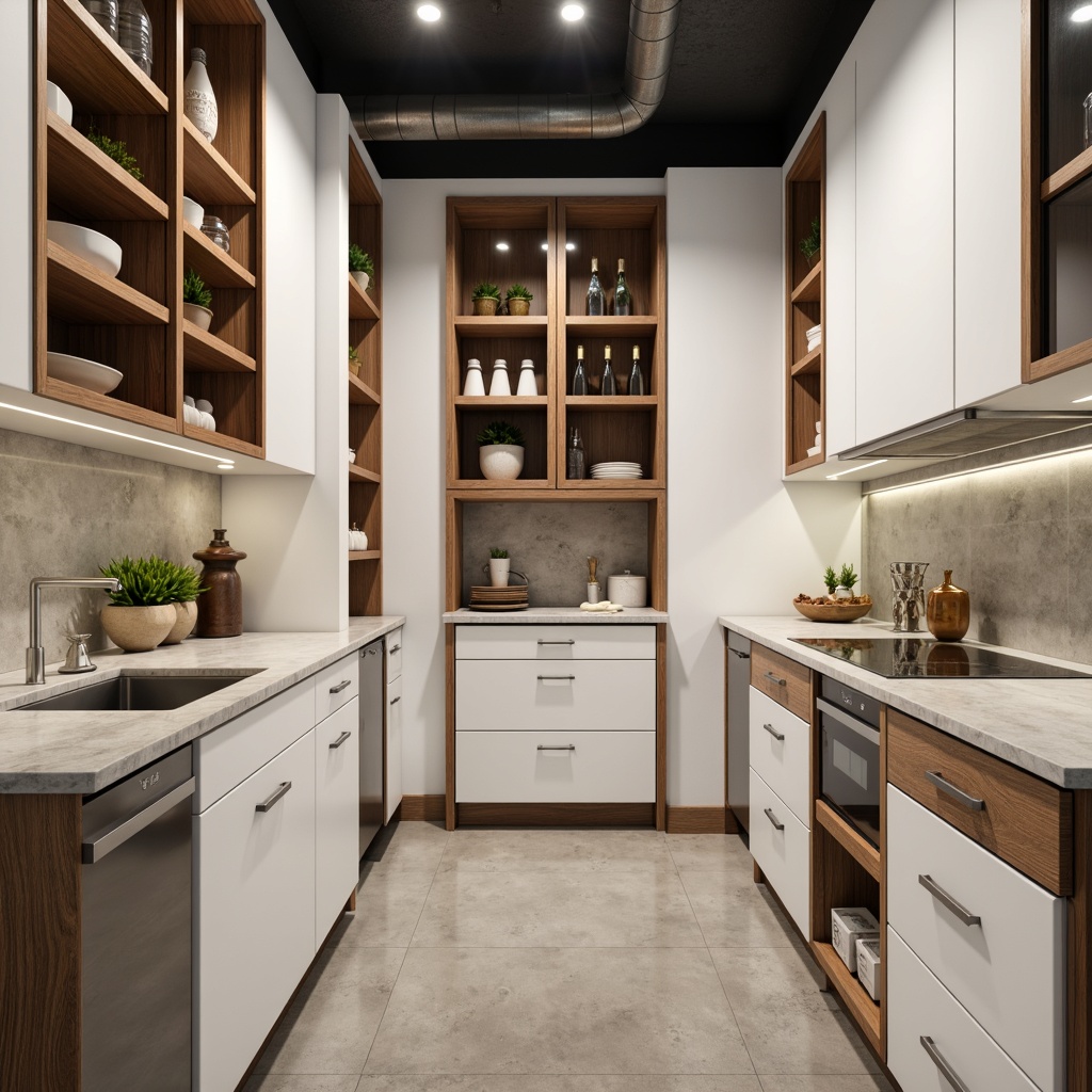 Prompt: Modern pantry interior, sleek cabinetry, matte white finishes, warm wood accents, stainless steel hardware, glass door inserts, soft-close drawers, LED under-cabinet lighting, polished chrome handles, minimalist backsplash, neutral color palette, industrial-chic decor, concrete floors, exposed ductwork, natural stone countertops, pendant lighting fixtures, 3/4 composition, shallow depth of field, realistic textures, ambient occlusion.