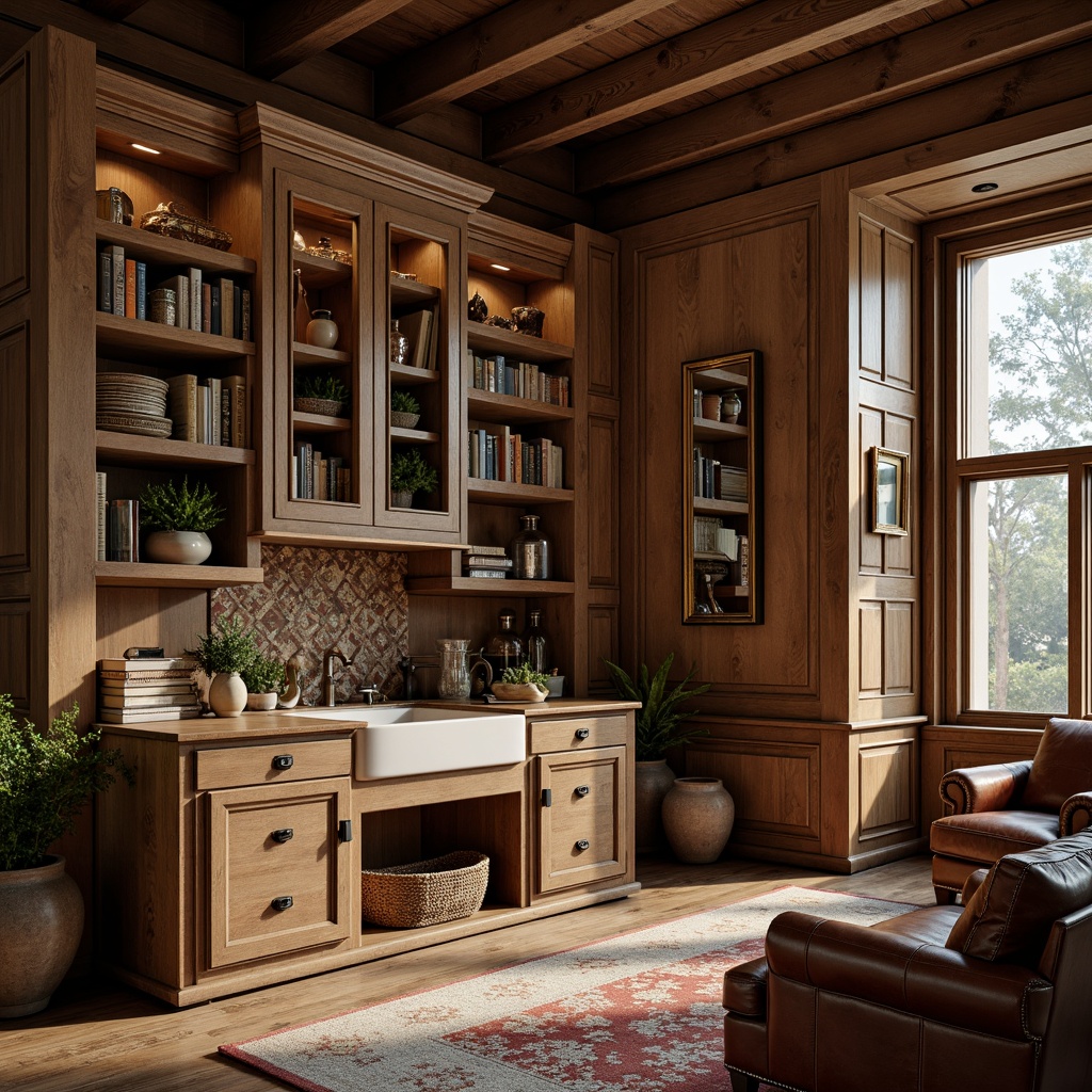 Prompt: Cozy cabinetry, rustic wooden accents, earthy color palette, natural textures, traditional craftsmanship, ornate carvings, wooden beams, plank flooring, vintage furniture pieces, leather upholstery, warm ambient lighting, soft shadows, shallow depth of field, 1/2 composition, realistic wood grain, intricate joinery details.