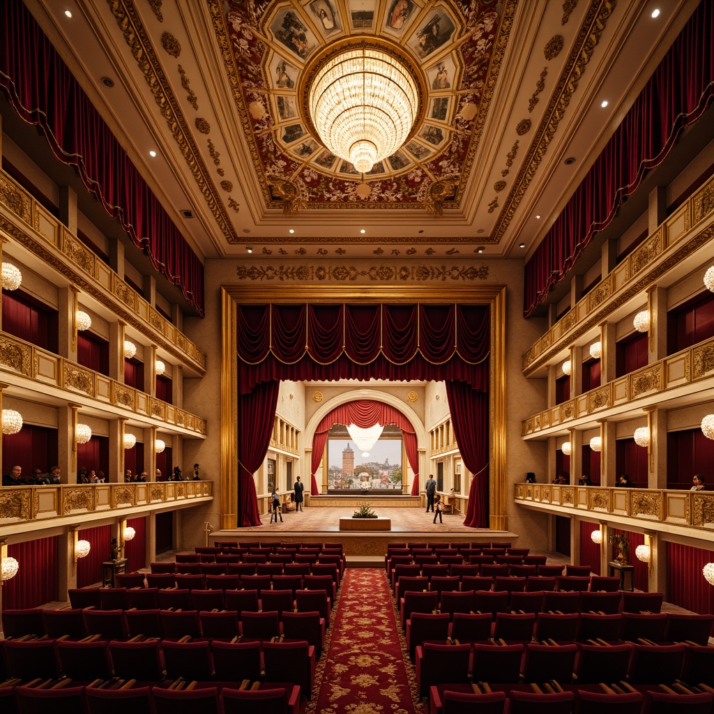 Prompt: Grand auditorium, ornate chandeliers, intricate moldings, luxurious velvet curtains, gilded accents, polished marble floors, majestic stage, regal balconies, crimson red seats, golden railings, decorative frescoes, lavish drapery, opulent textiles, refined wood paneling, subtle ambient lighting, warm spotlighting, shallow depth of field, 2/3 composition, symmetrical framing, realistic reflections, detailed textures.