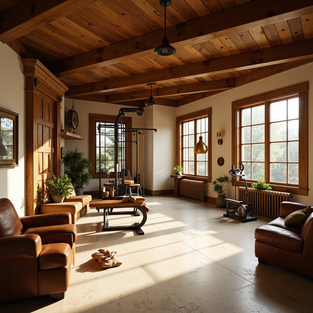 Prompt: Cozy home gym, traditional wooden accents, rich leather upholstery, warm beige walls, soft cream-colored floors, ornate metal fixtures, vintage exercise equipment, rustic wooden beams, large windows with natural light, gentle warm glow, softbox lighting, 1/1 composition, realistic textures, ambient occlusion.