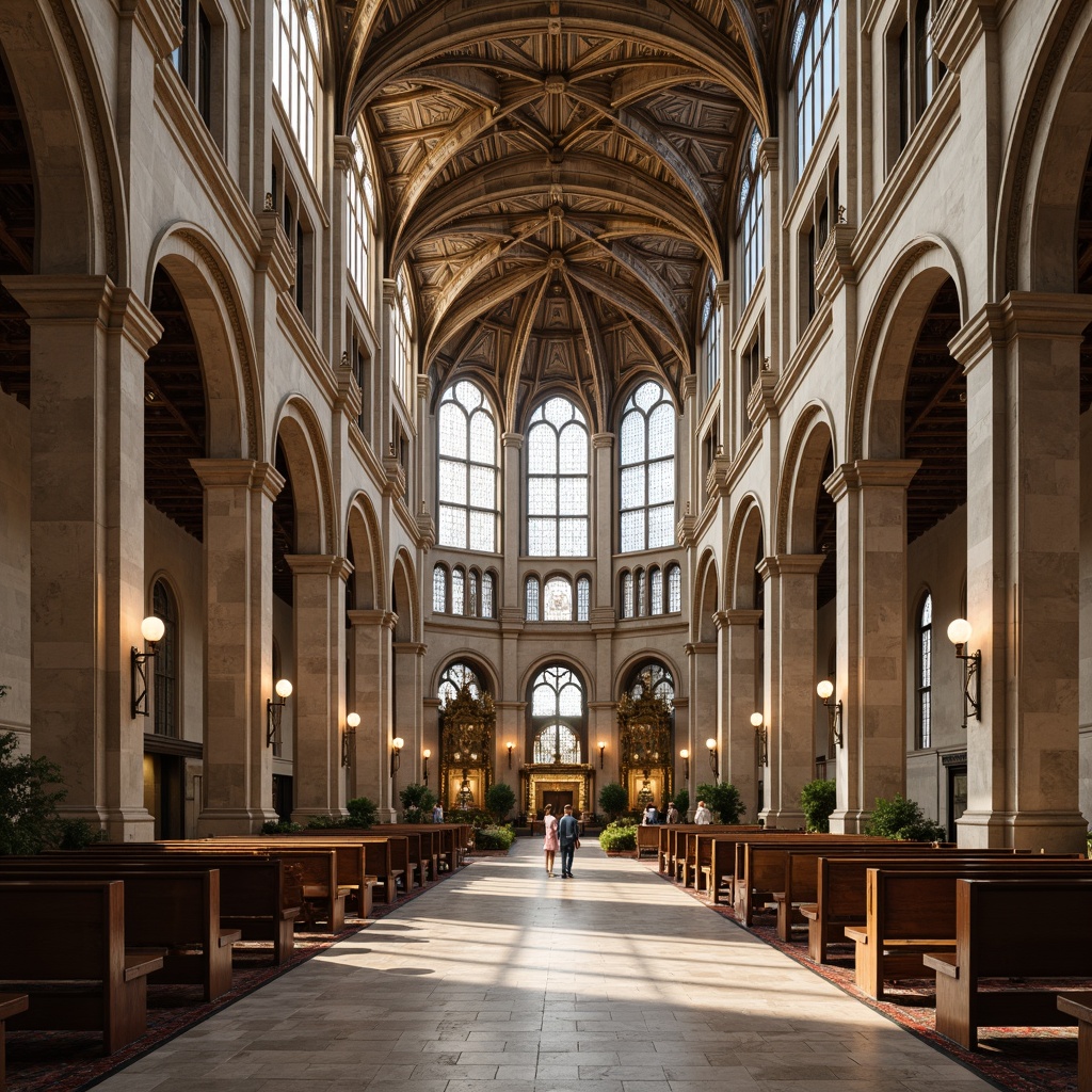 Prompt: Grand cathedral, ornate columns, intricately carved capitals, vaulted ceilings, stained glass windows, gothic arches, symmetrical facade, limestone walls, polished marble floors, golden accents, solemn atmosphere, soft warm lighting, 1/1 composition, frontal view, realistic textures, ambient occlusion.