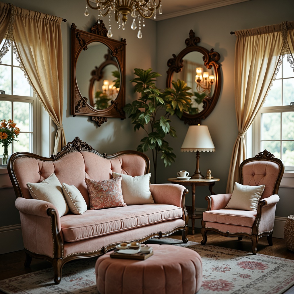 Prompt: Distressed vintage furniture, soft pastel hues, elegant ornate carvings, plush velvet upholstery, rustic wooden accents, delicate lace trimmings, antique metal hardware, whimsical floral patterns, distressed finishes, ornate mirrors, crystal chandeliers, flowing drapery, natural linen fabrics, warm candlelight, 1/2 composition, intimate close-up shots, soft focus blur, warm golden lighting.