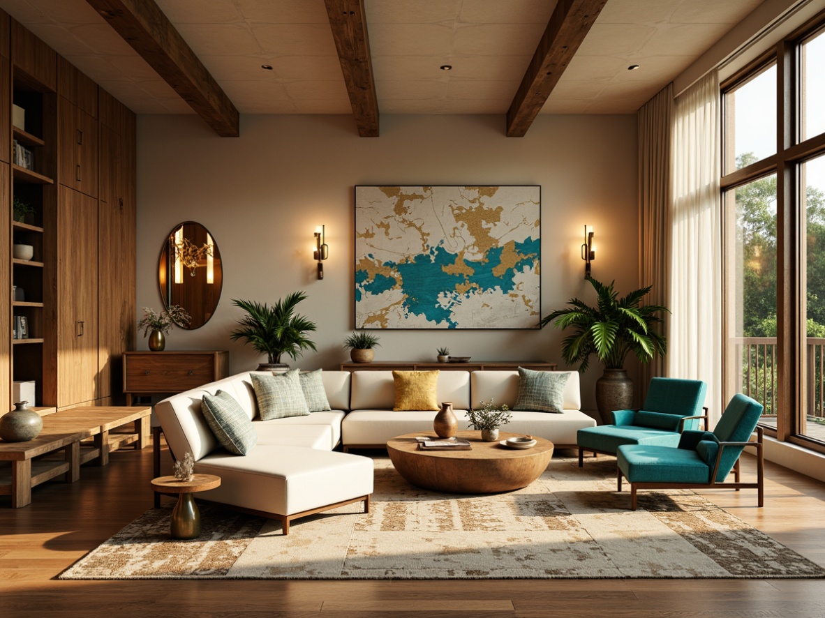 Prompt: Warm beige walls, rich walnut wood tones, vibrant turquoise accents, natural linen textiles, earthy terracotta pottery, retro patterned rugs, sleek brass lighting fixtures, organic shaped furniture, abundant greenery, large windows, soft diffused daylight, warm golden hour lighting, shallow depth of field, 2/3 composition, realistic textures, ambient occlusion.