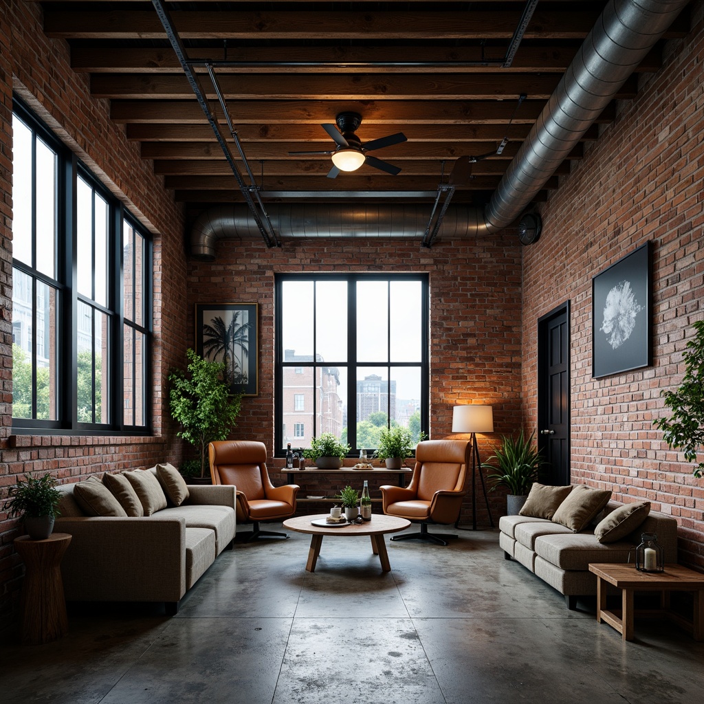 Prompt: Exposed brick walls, industrial-chic metal beams, reclaimed wood accents, functional mechanical systems, modern factory windows, urban cityscape backdrop, converted warehouse atmosphere, distressed concrete floors, vintage manufacturing equipment, eclectic decorative lighting, edgy urban furniture, moody atmospheric lighting, shallow depth of field, 2/3 composition, gritty textures, realistic ambient occlusion.