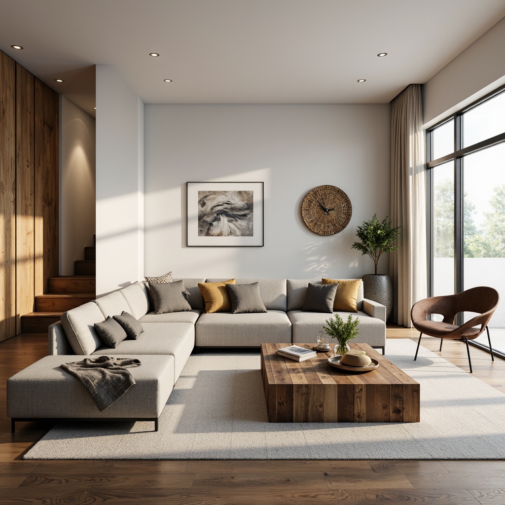 Prompt: Modern minimalist living room, sleek low-profile sofas, reclaimed wood coffee tables, industrial metal chairs, rustic wooden accents, neutral color palette, soft warm lighting, 3/4 composition, shallow depth of field, natural textiles, abstract geometric patterns, ambient occlusion.