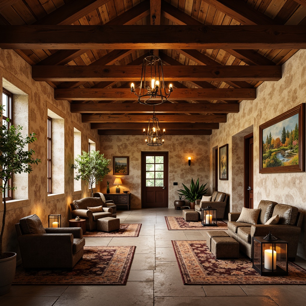 Prompt: Rustic hall interior, wooden beam ceilings, natural stone walls, earthy color palette, warm beige tones, rich wood accents, vintage furniture pieces, distressed leather upholstery, metal lanterns, candlelight ambiance, cozy reading nooks, plush area rugs, nature-inspired artwork, soft warm lighting, shallow depth of field, 3/4 composition, realistic textures, ambient occlusion.