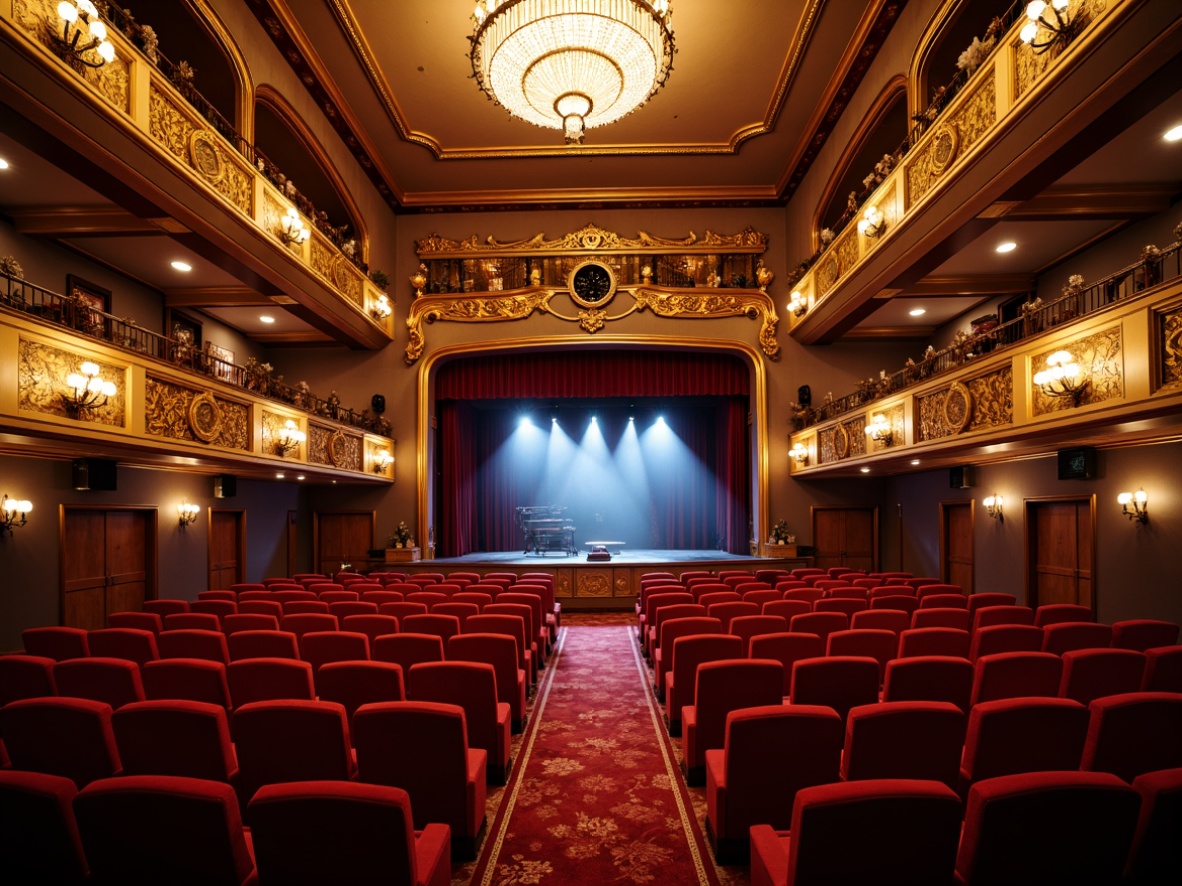 Prompt: Elegant theater interior, transitional style decor, plush red velvet seats, ornate gold balconies, grand chandeliers, intricate molding details, rich wood tones, luxurious carpeting, spacious aisles, comfortable legroom, tiered seating arrangement, intimate performance setting, warm soft lighting, dramatic spotlights, 1/2 composition, shallow depth of field, realistic textures, ambient occlusion.