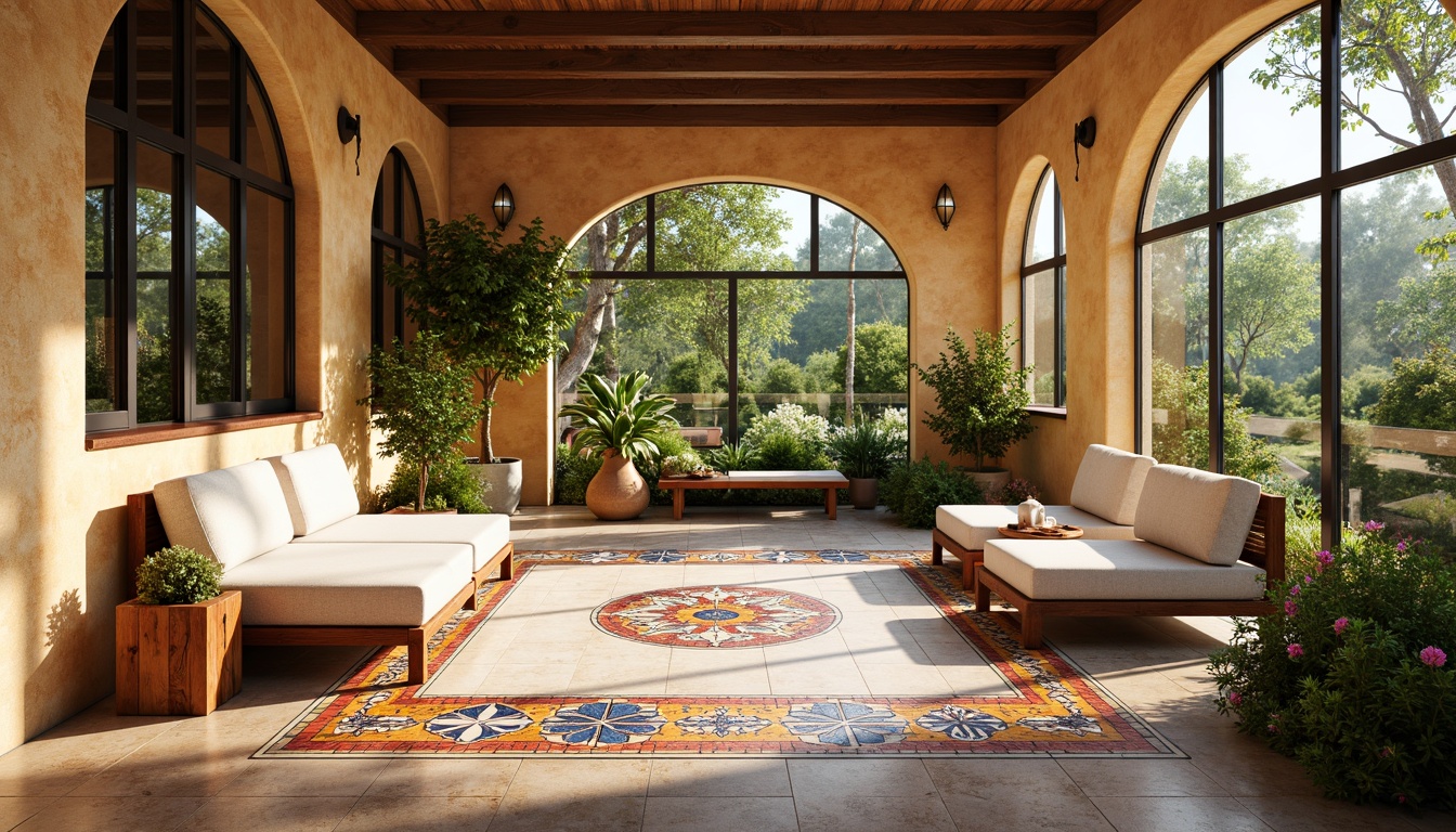 Prompt: Vibrant sunroom, stylish tile patterns, Moroccan-inspired geometric motifs, colorful glass tiles, natural stone flooring, warm beige walls, large windows, sliding glass doors, lush greenery, blooming flowers, sunny day, soft warm lighting, shallow depth of field, 3/4 composition, panoramic view, realistic textures, ambient occlusion.