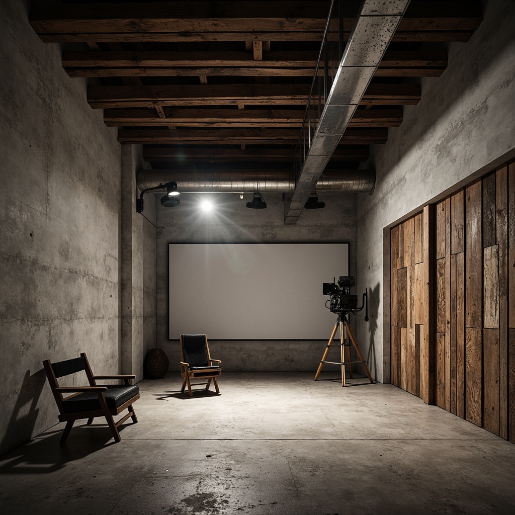 Prompt: Minimalist cinema setting, industrial concrete walls, rough stone floors, distressed wooden accents, metallic beams, exposed ductwork, reclaimed wood textures, vintage film equipment, director's chairs, spotlights, dramatic shadows, low-key lighting, cinematic composition, shallow depth of field, 1/1 aspect ratio, high-contrast color grading, subtle grain texture, realistic reflections.