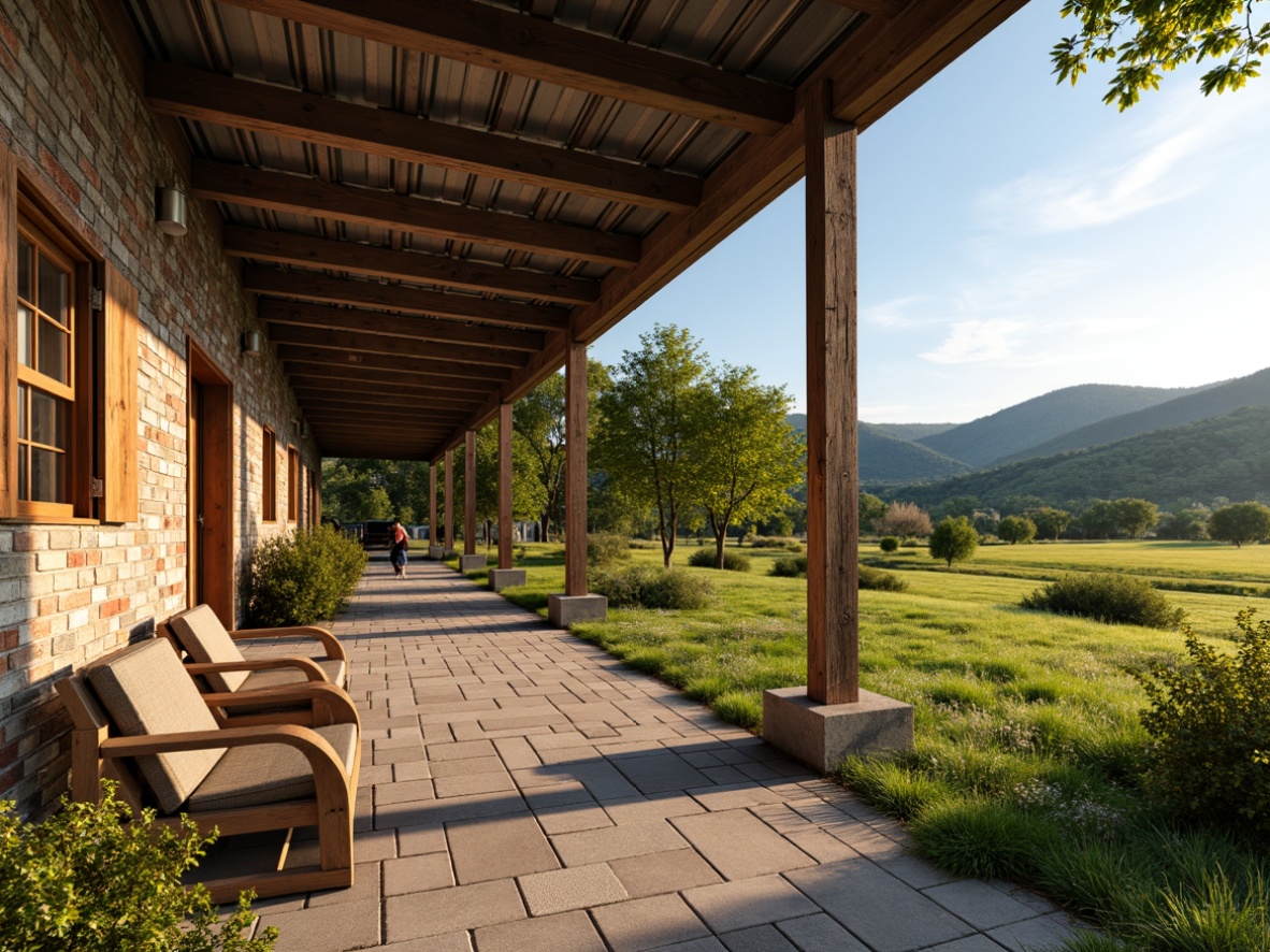 Prompt: Rustic farmhouse, wooden beams, exposed brick walls, metal roofing, vintage windows, distressed wood doors, country-style shutters, natural stone foundations, rolling hills, lush green pastures, rural landscape, warm sunny day, soft warm lighting, shallow depth of field, 3/4 composition, panoramic view, realistic textures, ambient occlusion.