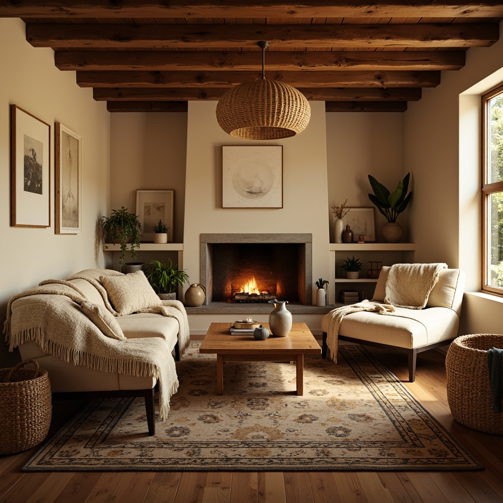 Prompt: Cozy living room, plush throw blankets, soft cushions, warm beige walls, comfortable seating area, crackling fireplace, wooden coffee table, vintage rug, natural fiber upholstery, woven baskets, earthy color palette, warm golden lighting, shallow depth of field, 1/2 composition, inviting atmosphere, realistic textures, ambient occlusion.