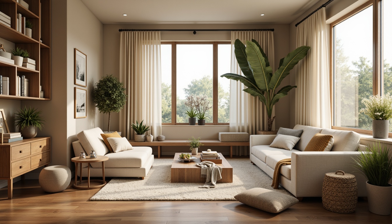 Prompt: Cozy living room, plush furniture, warm beige walls, wooden flooring, large windows, natural light, soft curtains, comfortable seating area, coffee table, bookshelf, decorative plants, relaxing ambiance, calm atmosphere, efficient storage solutions, minimalist decor, functional layout, circular conversation pit, ambient lighting, shallow depth of field, 1/2 composition, realistic textures, subtle color palette.