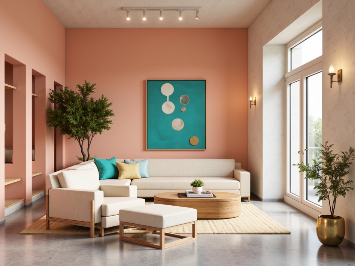 Prompt: Vibrant design studio, modern minimalist interior, pastel color scheme, soft peach walls, creamy white furniture, rich turquoise accents, metallic gold details, natural wood textures, geometric patterns, abstract artwork, warm ambient lighting, shallow depth of field, 1/1 composition, realistic renderings, atmospheric effects.