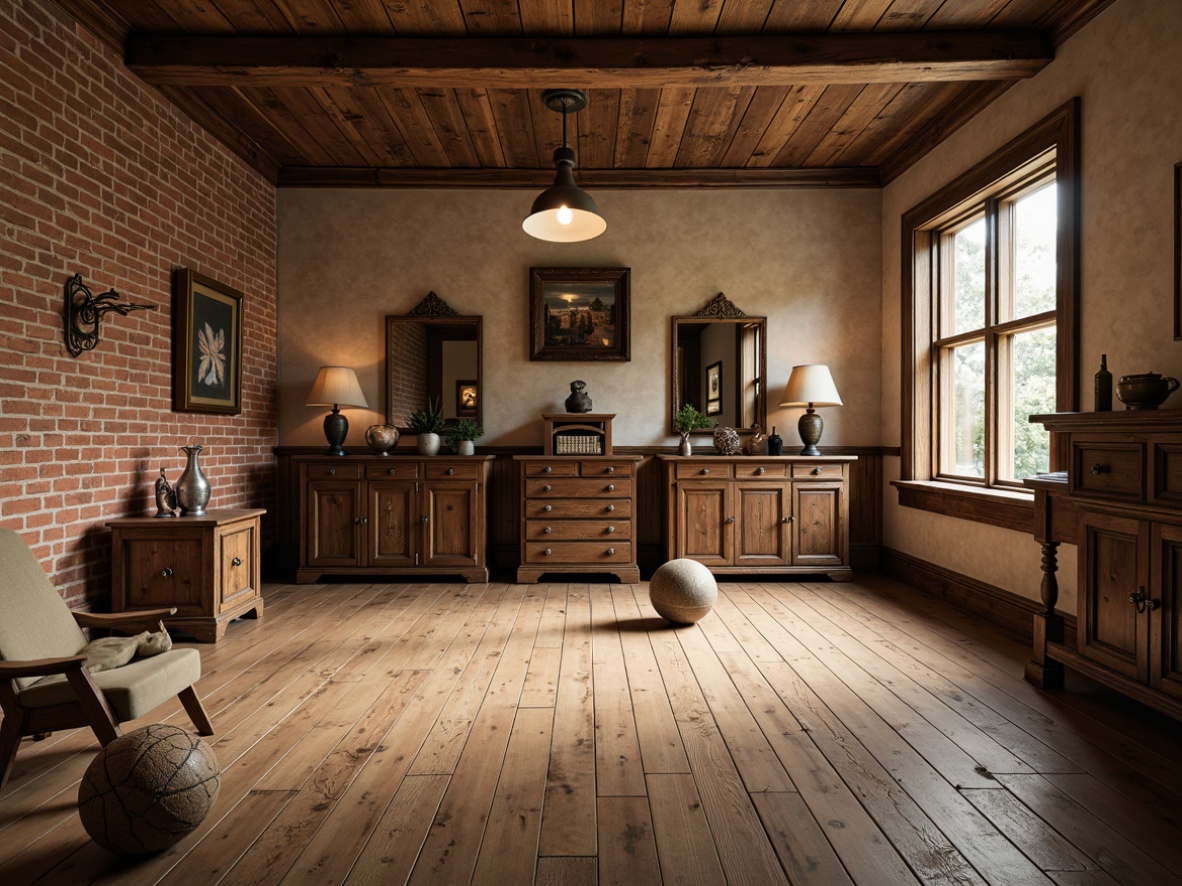 Prompt: Rustic home gym, traditional wooden flooring, distressed brick walls, vintage sports equipment, antique mirrors, rich wood paneling, ornate moldings, warm beige tones, softbox lighting, 1/1 composition, realistic textures, ambient occlusion, nostalgic color palette.