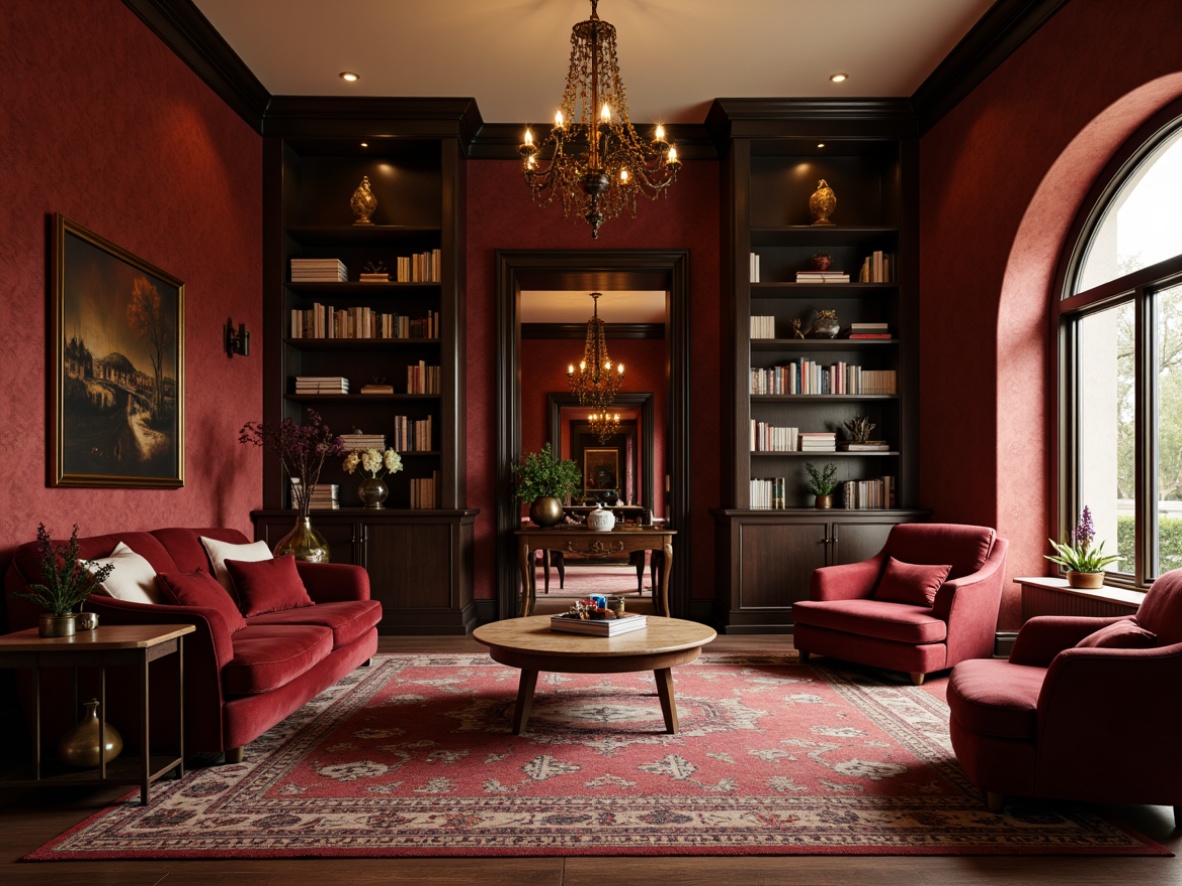 Prompt: Warm maroon accent walls, rich velvet fabrics, dark wood furnishings, ornate bronze fixtures, cozy reading nooks, plush area rugs, warm beige ceilings, soft golden lighting, shallow depth of field, 2/3 composition, intimate atmosphere, realistic textures, ambient occlusion.