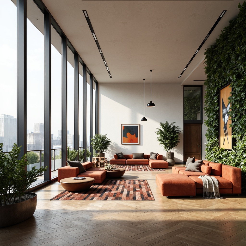 Prompt: Minimalist penthouse interior, floor-to-ceiling windows, natural light pouring in, sleek wooden floors, low-profile furniture, organic shapes, 3-seater sofas, geometric-patterned rugs, pendant lighting, industrial-chic metal accents, greenery walls, vertical gardens, modern art pieces, mid-century modern aesthetic, retro-inspired color palette, walnut wood tones, velvet upholstery, abstract sculptures, minimalist decor, airy atmosphere, soft diffused light, shallow depth of field, 2/3 composition, realistic textures, ambient occlusion.