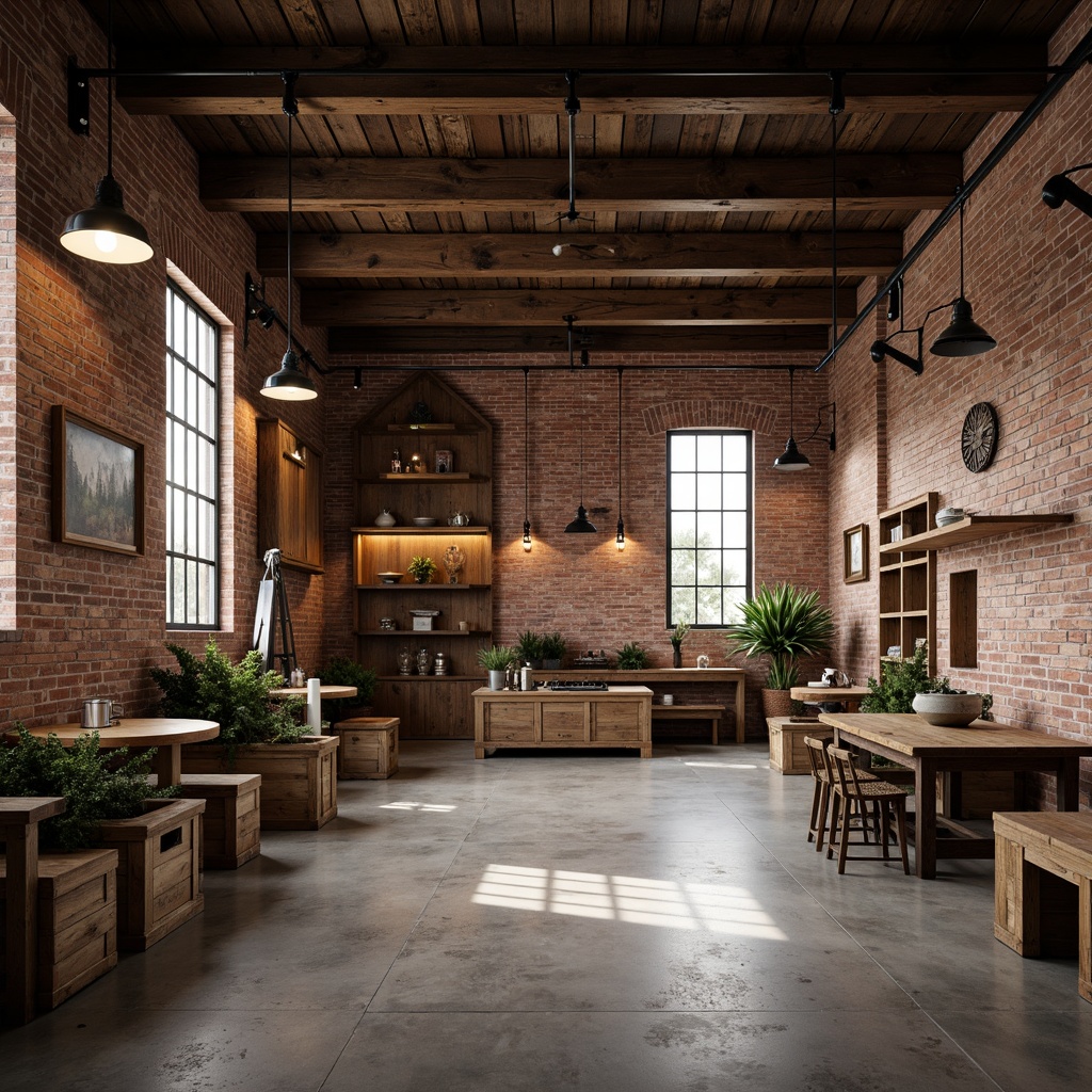 Prompt: Rustic distribution center, exposed brick walls, metal beams, reclaimed wood accents, industrial lighting fixtures, pendant lamps, metal shades, Edison bulbs, concrete floors, wooden crates, vintage factory equipment, distressed finishes, earthy color palette, natural textures, soft warm lighting, shallow depth of field, 1/1 composition, realistic renderings, ambient occlusion.