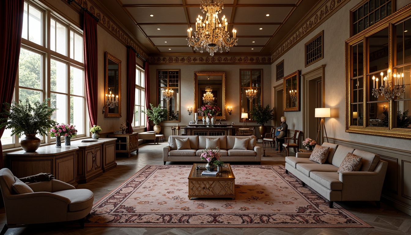 Prompt: Luxurious interior space, ornate furnishings, intricate carvings, patterned rugs, lavish chandeliers, gilded frames, velvet drapes, marble countertops, metallic accents, beaded embellishments, floral arrangements, elegant vases, sophisticated color palette, warm ambient lighting, soft focus, shallow depth of field, 1/1 composition, realistic textures, detailed reflections.