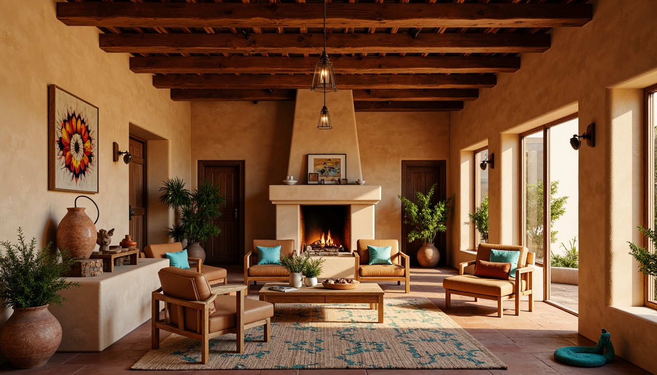 Prompt: Warm adobe walls, rustic wooden beams, vibrant turquoise accents, woven Native American patterns, clay pottery vases, natural fiber rugs, earthy terracotta floors, warm golden lighting, soft warm glow, lantern-style fixtures, pendant lamps, candlelight ambiance, intimate seating areas, plush throw pillows, desert botanicals, cacti arrangements, Southwestern-inspired artwork, rich wood tones, cozy fireplaces, warm beige stonework.