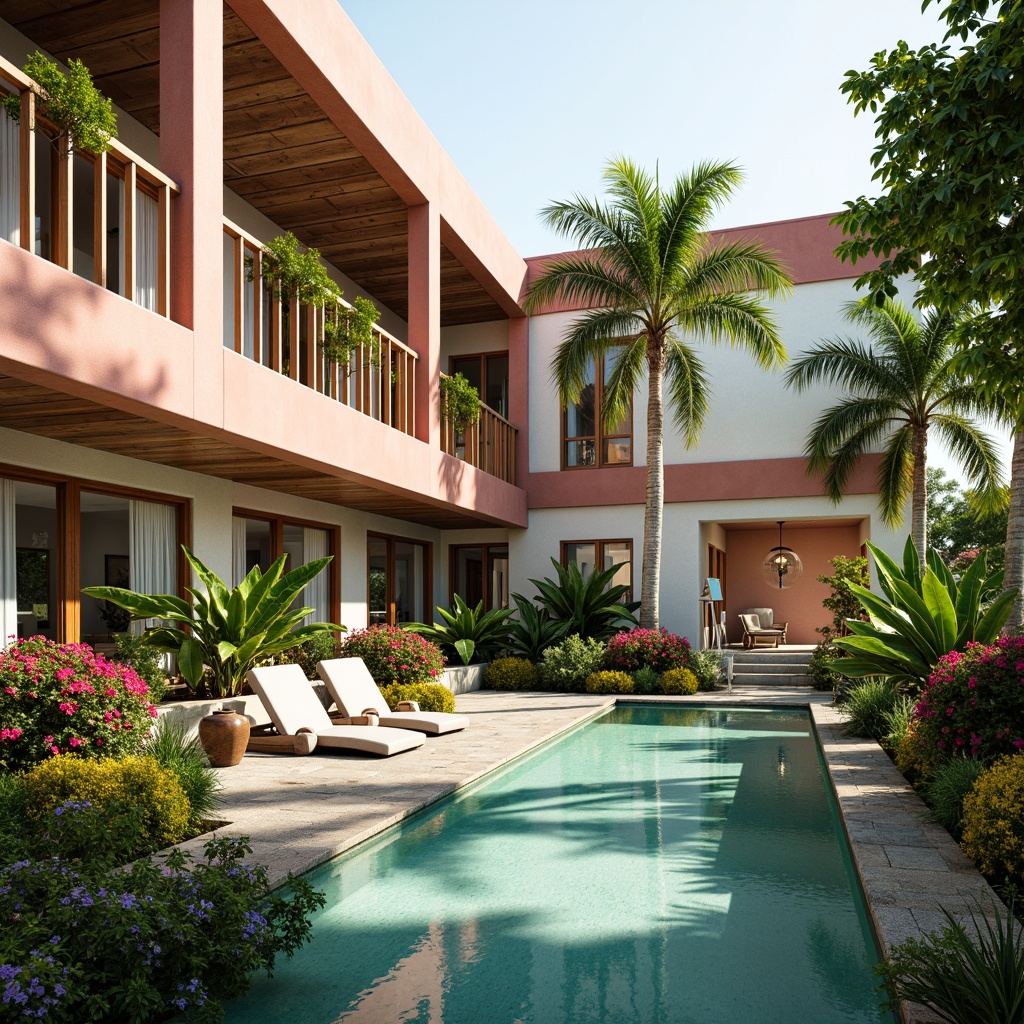 Prompt: Vibrant tropical hospital exterior, lush greenery, colorful flowers, calming water features, natural stone walls, wooden accents, large windows, sliding glass doors, warm sunny day, soft diffused lighting, shallow depth of field, 1/1 composition, realistic textures, ambient occlusion; bright coral pink, soothing turquoise blue, fresh lime green, creamy white, earthy brown, airy open spaces, minimalist decor, modern medical equipment, comfortable patient rooms.