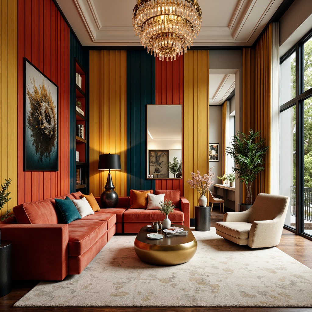 Prompt: Vibrant living room, bold accent walls, rich velvet sofas, metallic gold coffee tables, ornate crystal chandeliers, soft cream carpets, warm beige armchairs, statement abstract artwork, dramatic floor lamps, sleek black TV stands, luxurious marble countertops, modern kitchen islands, natural wood flooring, cozy reading nooks, warm golden lighting, shallow depth of field, 1/1 composition, realistic textures, ambient occlusion.