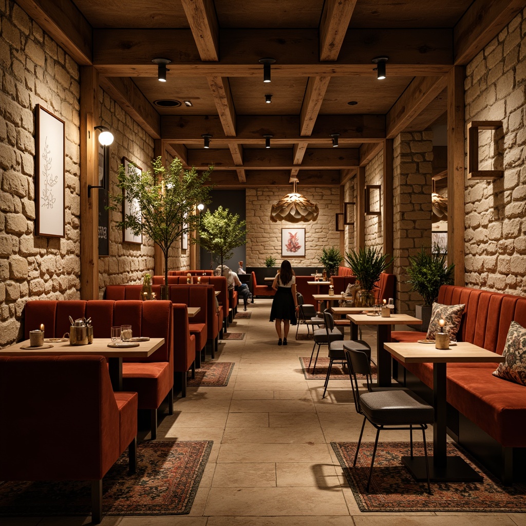 Prompt: Cozy restaurant ambiance, warm wooden accents, rustic stone walls, plush velvet upholstery, metallic sheen fixtures, soft candlelight, natural fiber rugs, earthy color palette, organic textures, botanical prints, reclaimed wood tables, industrial metal chairs, minimalist decor, subtle patterns, contrasting materials, warm beige tones, rich brown hues, inviting atmosphere, dramatic lighting, shallow depth of field, 1/1 composition, realistic renderings.