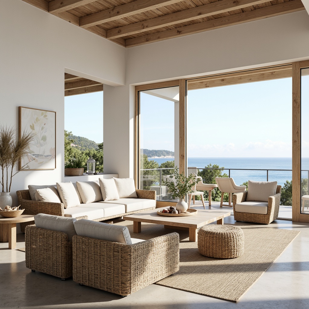 Prompt: Airy open space, coastal vibe, light-filled interior, whitewashed walls, driftwood accents, natural textiles, woven rattan furniture, ocean-inspired colors, soft blues, calming whites, sandy neutrals, modern minimalist decor, floor-to-ceiling windows, sliding glass doors, beachy views, sea breeze, warm sunlight, soft focus, shallow depth of field, 1/1 composition, relaxed atmosphere, ambient lighting, natural materials, woven fibers, distressed wood finishes, nautical accents.