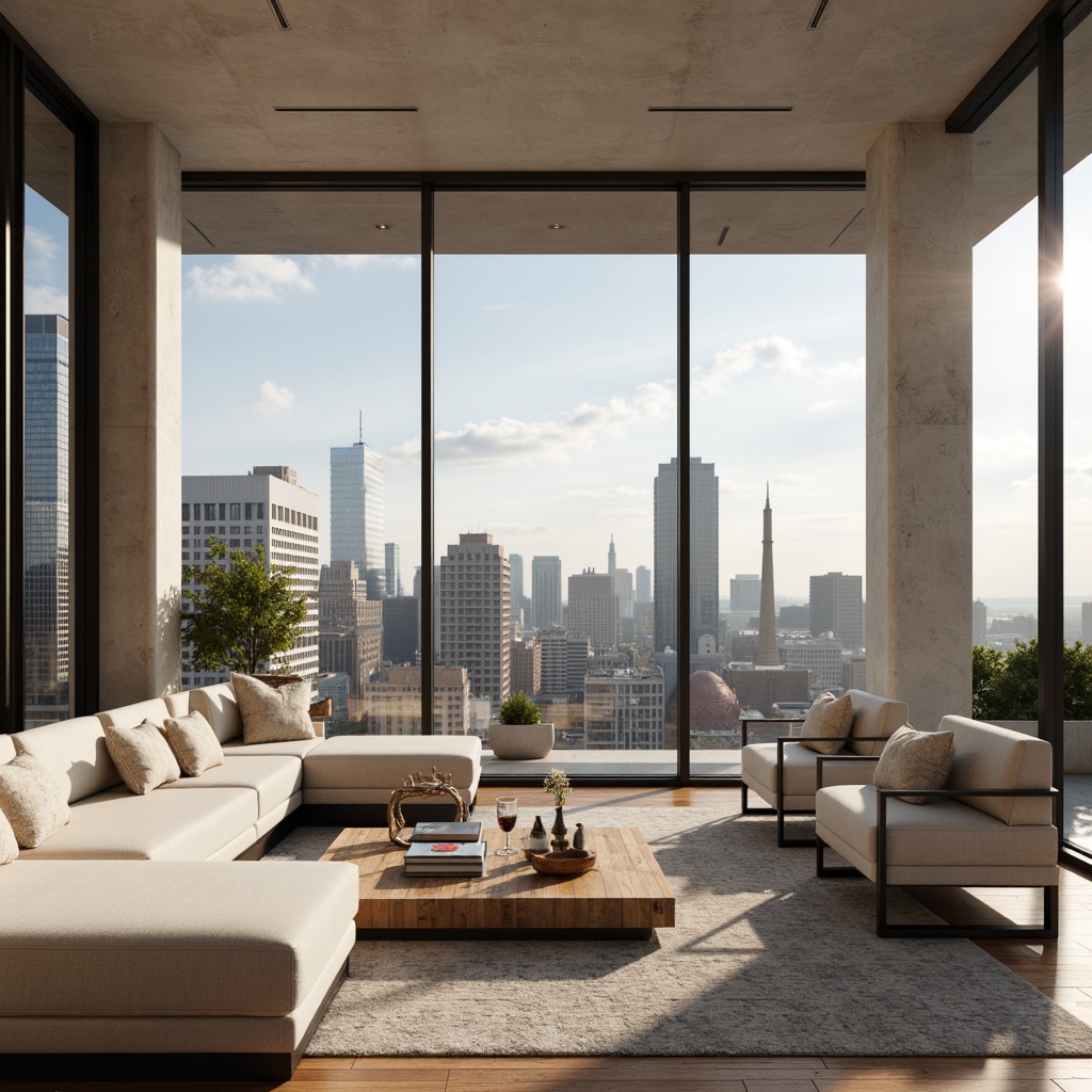 Prompt: Luxurious penthouse, modern minimalist design, sleek metal accents, floor-to-ceiling windows, breathtaking city skyline views, neutral color palette, creamy whites, soft grays, taupe tones, rich wood textures, velvety smooth fabrics, ambient warm lighting, 1/1 composition, shallow depth of field, realistic reflections, subtle gradient effects.