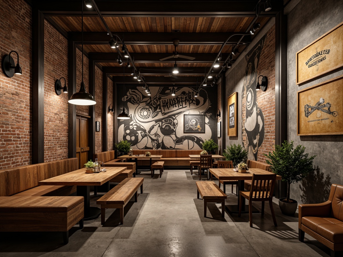 Prompt: Rustic wooden accents, distressed finishes, vintage signage, industrial metal beams, exposed brick walls, concrete floors, eclectic art pieces, abstract graffiti, urban loft ambiance, moody color palette, dramatic lighting effects, low-hanging lamps, reclaimed wood textures, weathered metal tones, abstract mural backdrops, bold typography, edgy decorative fixtures.