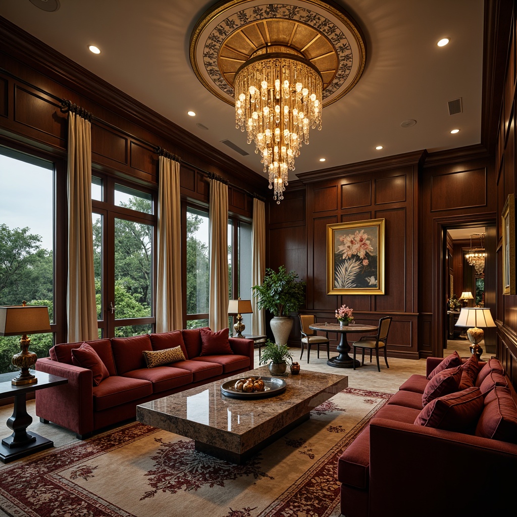 Prompt: Luxurious living room, ornate chandeliers, plush velvet sofas, marble coffee tables, patterned rugs, golden accents, floor-to-ceiling windows, natural wood paneling, ambient lighting, soft warm glow, shallow depth of field, 1/2 composition, intimate atmosphere, realistic textures, detailed furnishings.