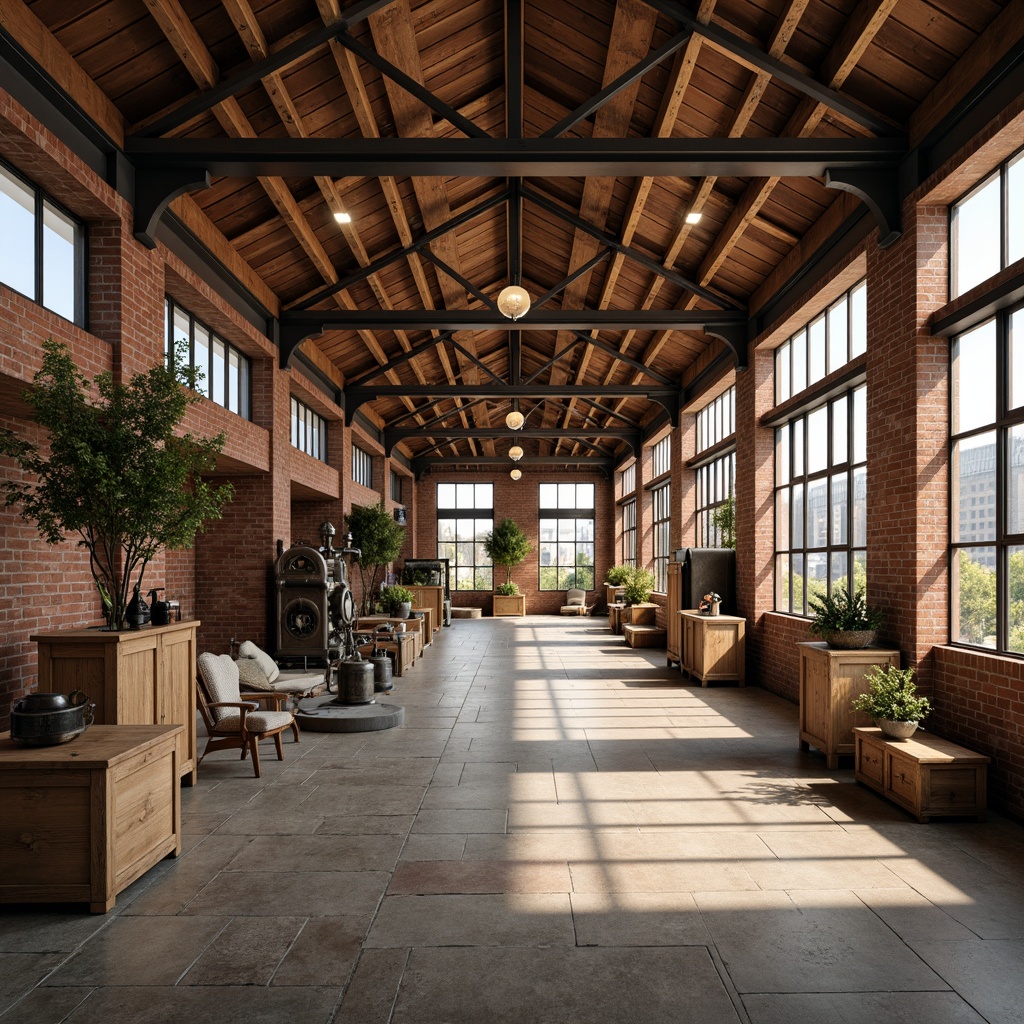 Prompt: Rustic warehouse, reclaimed wood accents, exposed brick walls, metal beams, industrial lighting, earthy tone color palette, natural stone flooring, wooden crates, vintage machinery, distressed textures, open floor plan, high ceilings, large windows, abundant natural light, soft warm lighting, shallow depth of field, 3/4 composition, panoramic view, realistic materials, ambient occlusion.