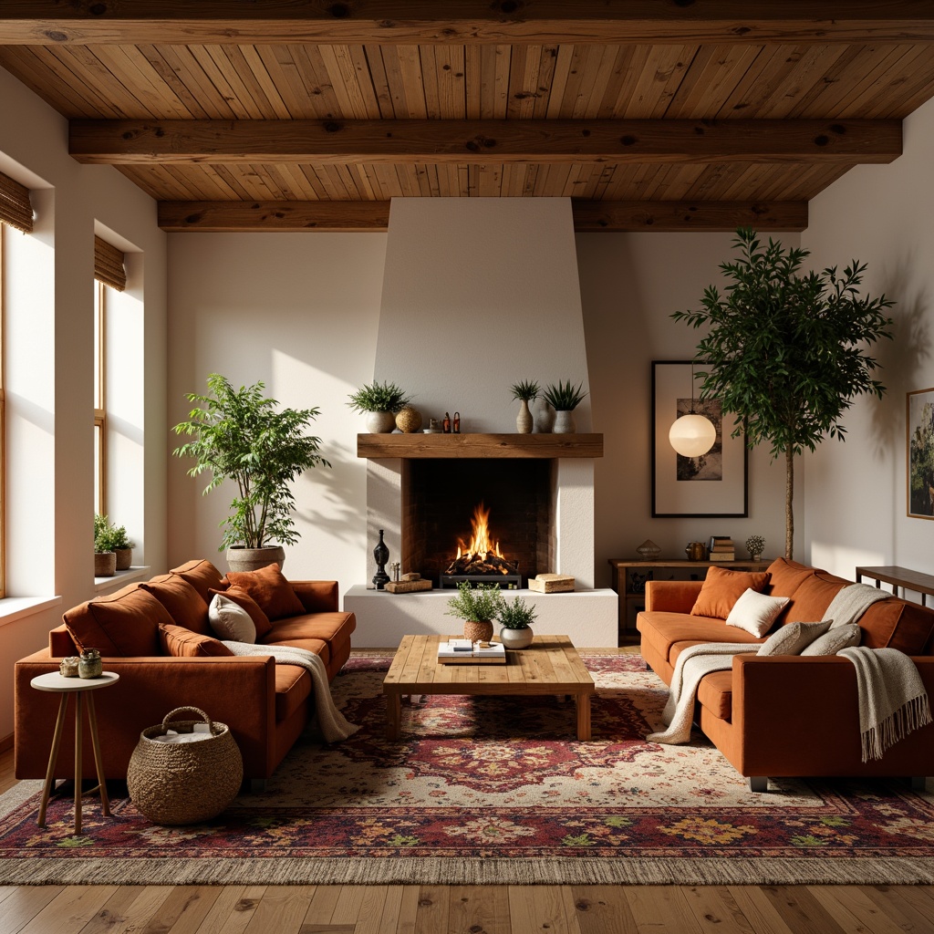 Prompt: Cozy living room, plush throw blankets, soft velvet sofas, warm beige walls, natural wood flooring, woven wicker baskets, rustic stone fireplace, crackling flames, intimate ambiance, table lamps, softbox lighting, 1/2 composition, shallow depth of field, realistic textures, ambient occlusion, vibrant colorful patterns, intricate geometric motifs.